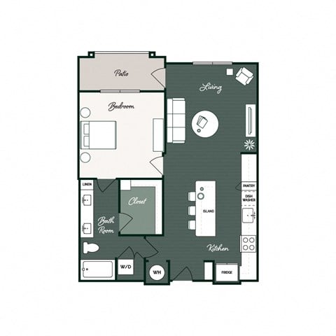 Floor plan for 1 bed, 1 bath, 839 sqft